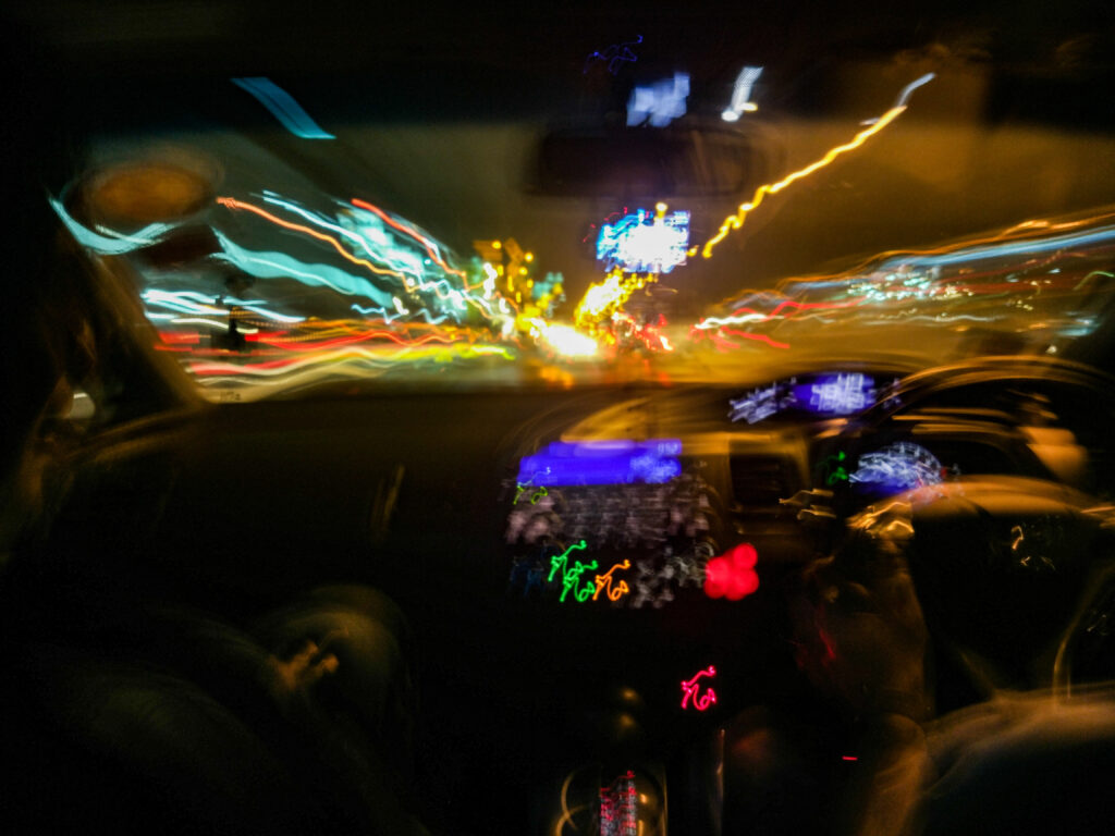 Driving at night. View from inside a car driving at night. sharp